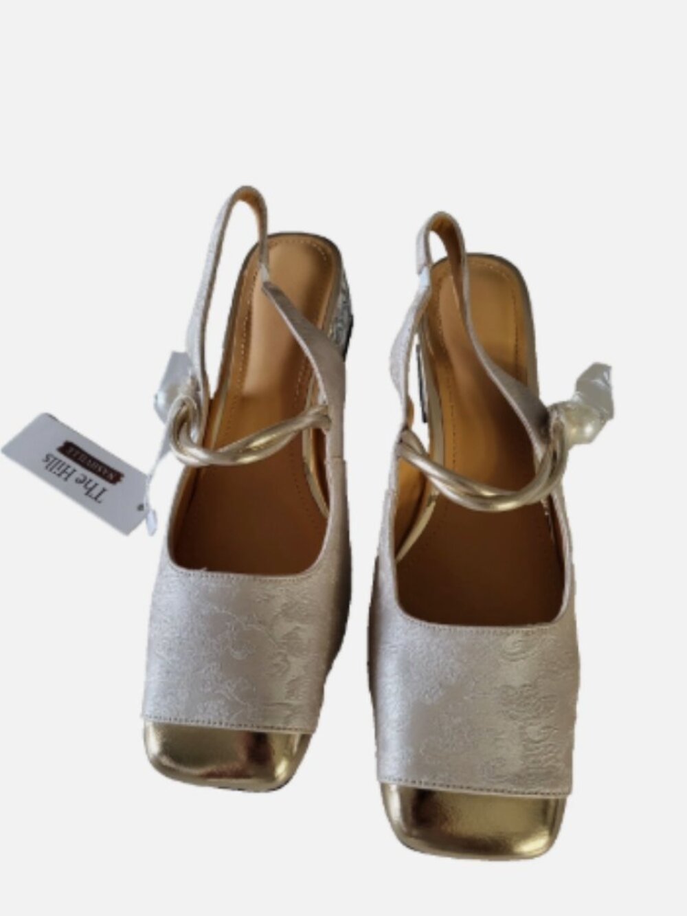 Women’s Ivory/Gold Floral Slingback Block Heels Square Toe Rhinestone US 7.5M - Picture 3 of 13